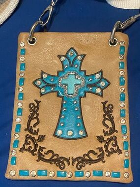 Tan Leather Crossbody with Turquoise Embellished Cross